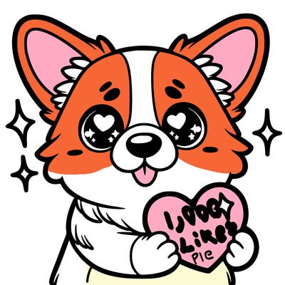 corgi holding a heart with sparkly eyes