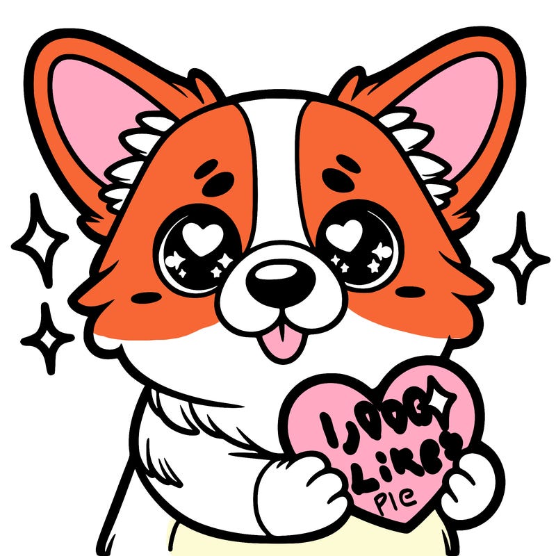 corgi holding a heart with sparkly eyes