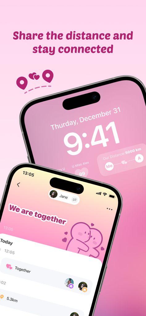 커플을 위한 Widgetable 거리 및 그리워요 위젯을 보여주는 아이폰 잠금 화면