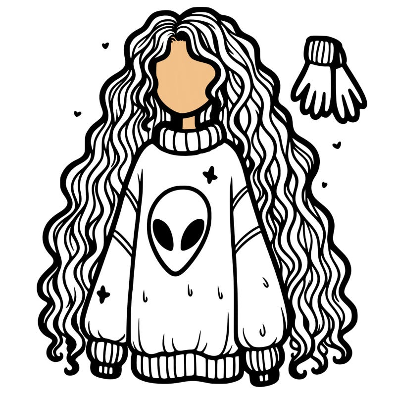 long curly hair, baggy sweater, gloves, alien on sweater