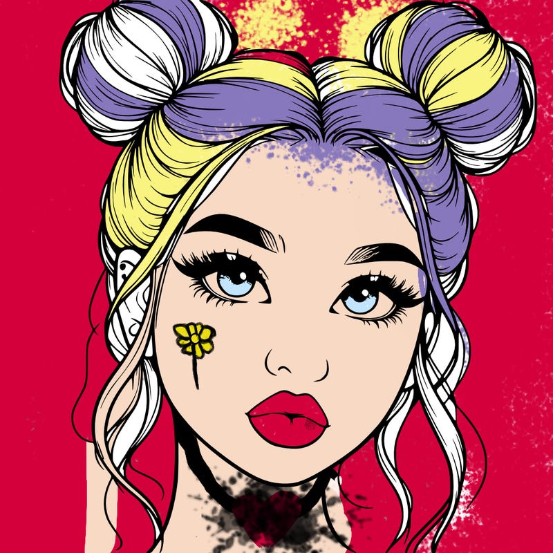 realistic girl with two buns on her hair and lips