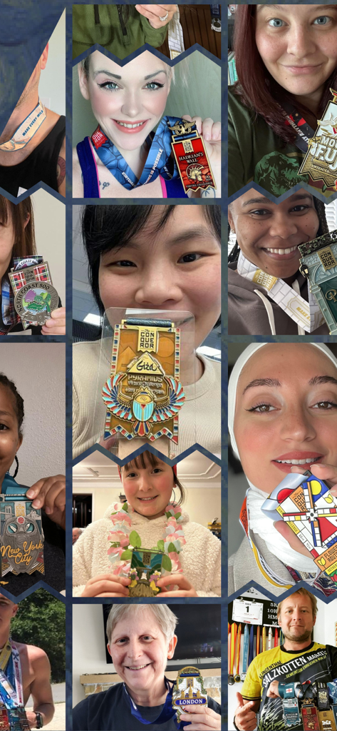 A collage of diverse people proudly showing off their earned physical medals from The Conqueror virtual fitness challenges