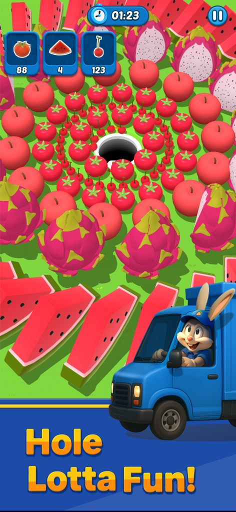 Hole Express: Black Hole Game - Gameplay of Hole Express showing a black hole absorbing various fruits and a bunny character driving a blue delivery truck.