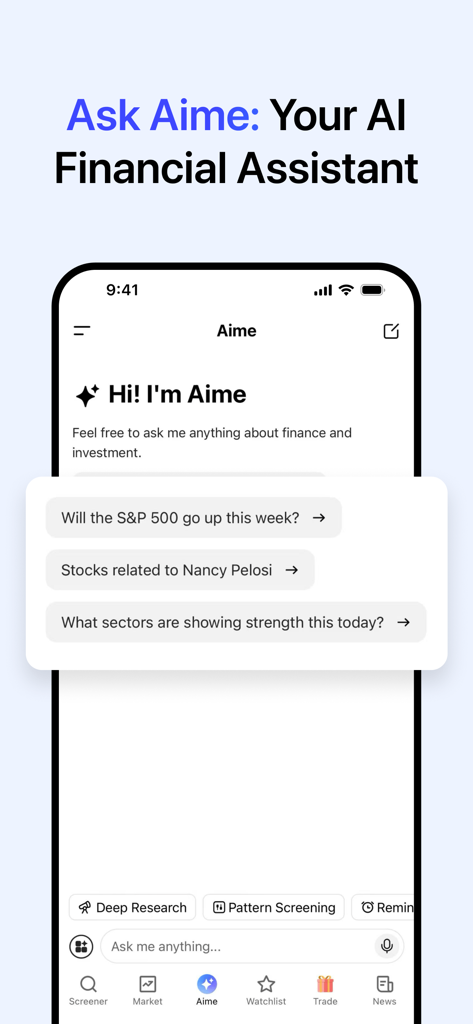Stock Screener, AI Scanner - 株の研究と市場分析のチャットプロンプトを表示する Ainvest アプリの Aime AI 金融アシスタントインターフェース