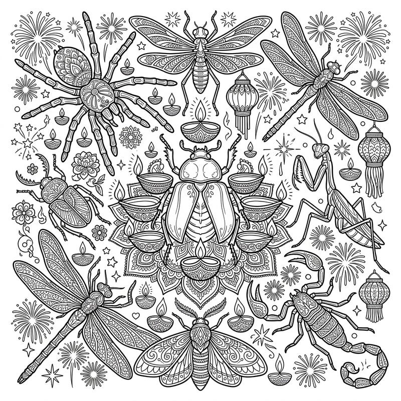Unleash your creativity with this unique coloring page that blends the fascinating world of insect skeletons with the vibrant festivities of Diwali. Discover intricately patterned bugs adorned with traditional diyas, lanterns, and dazzling fireworks.