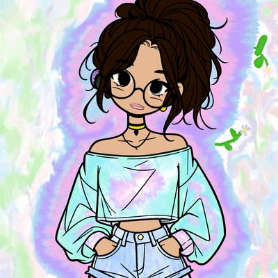girl with a messy ponytail glasses a baggy crop top and jean shorts