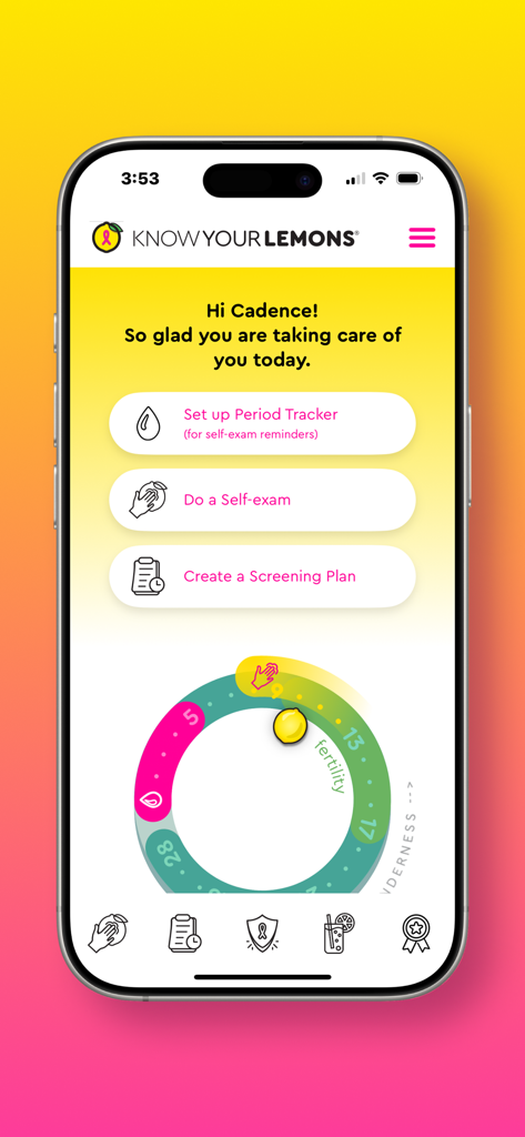 Know Your Lemons - Know Your Lemons App Startbildschirm mit einem Menstruationszyklus-Tracker und Schaltflächen für Selbstuntersuchungen und Screening-Pläne