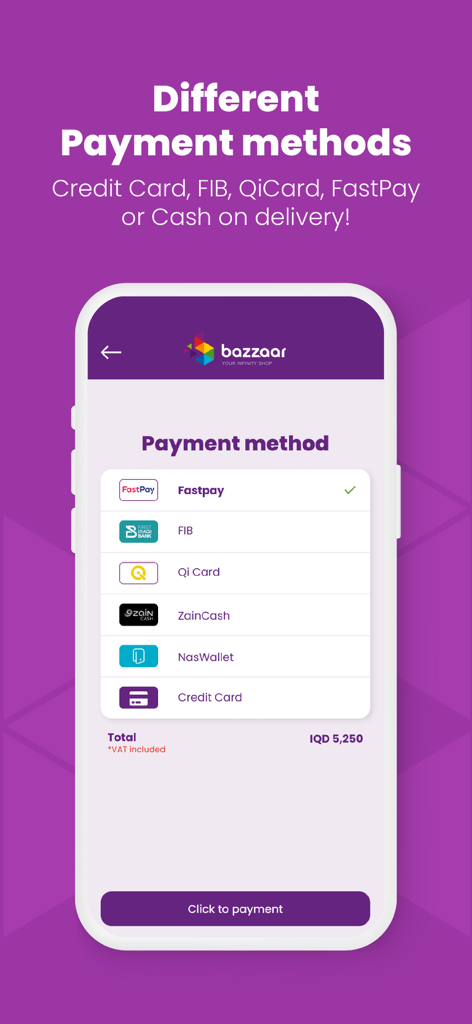 Bazzaar - Bazzaar mobile app screen displaying different payment methods for a shopping order.
