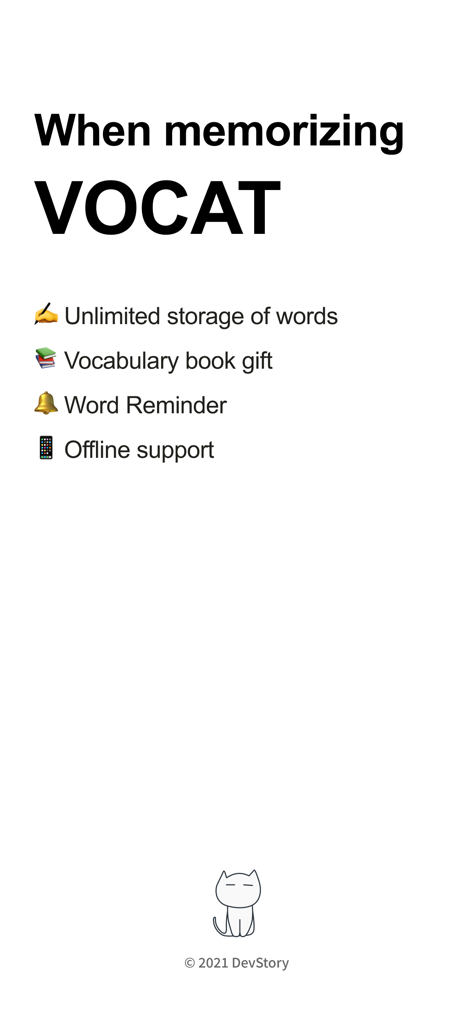 Overview of VoCat app features including unlimited words word reminders and offline support