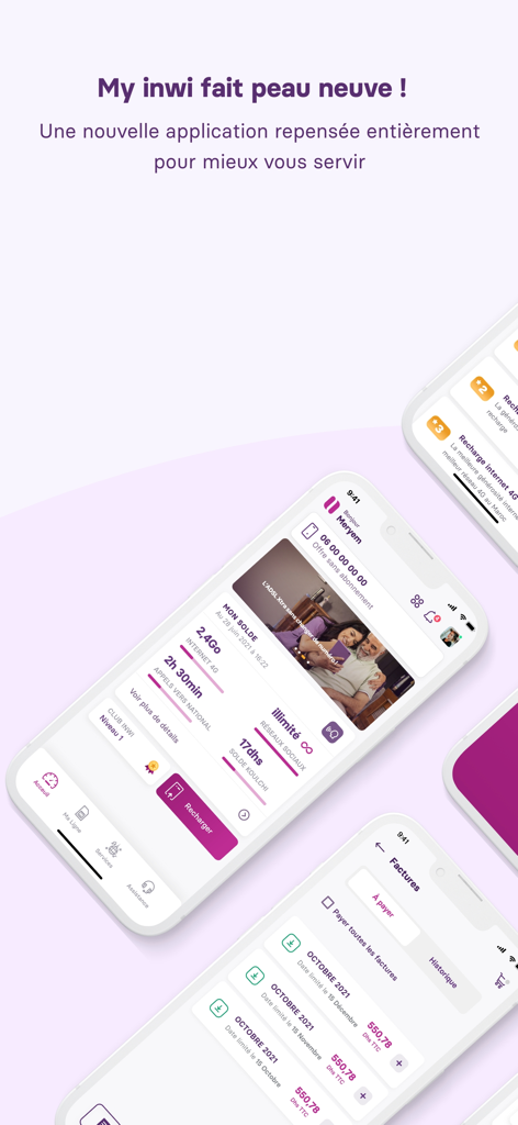 Dashboard and billing screens of the My inwi telecom application