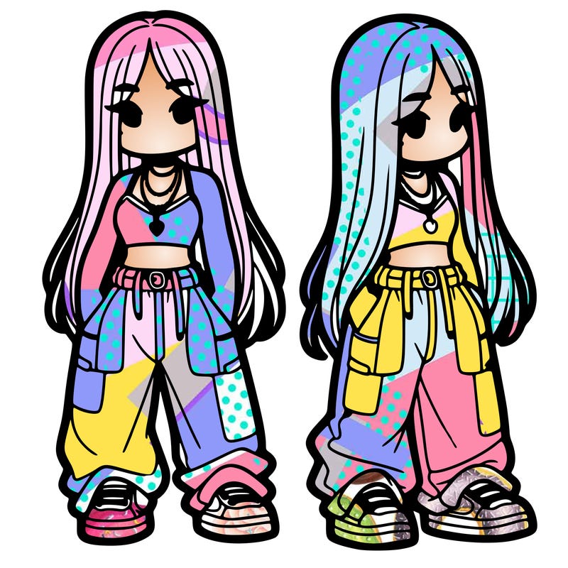 girl in baggy pants crop top and long hair