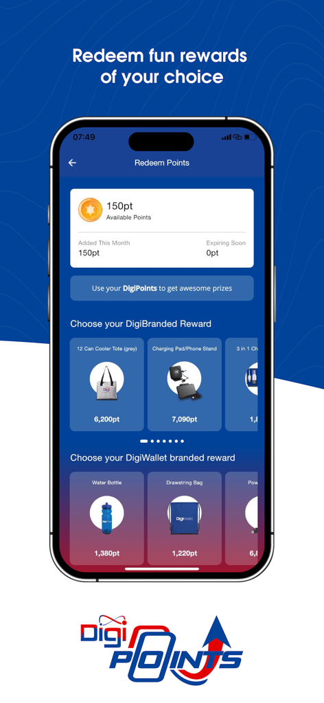 DigiPoints BZ - DigiPoints BZ mobile app interface showing various rewards like bags and water bottles available for point redemption.