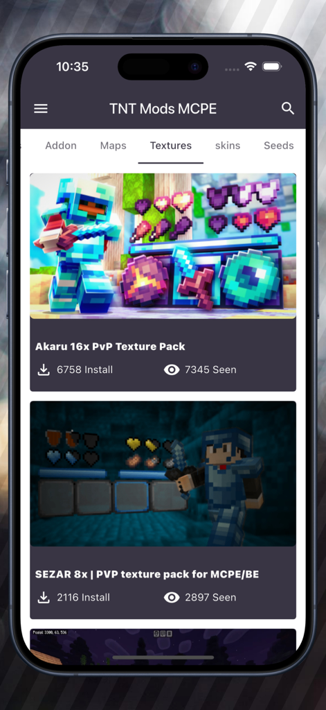 TNT Boom Mods for Minecraft PE - Una pantalla móvil que muestra la sección de paquetes de texturas en la app Mods TNT para Minecraft PE