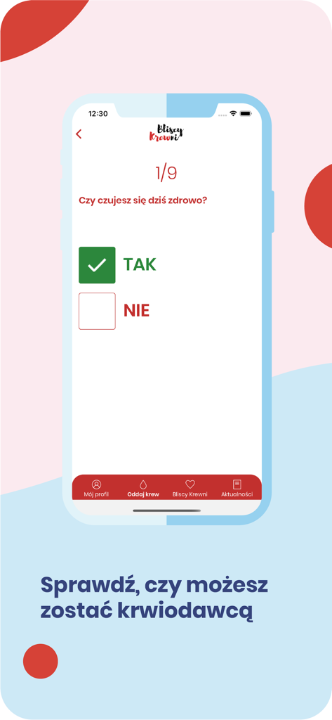Bliscy Krewni - A health qualification survey screen for blood donation in the Bliscy Krewni app