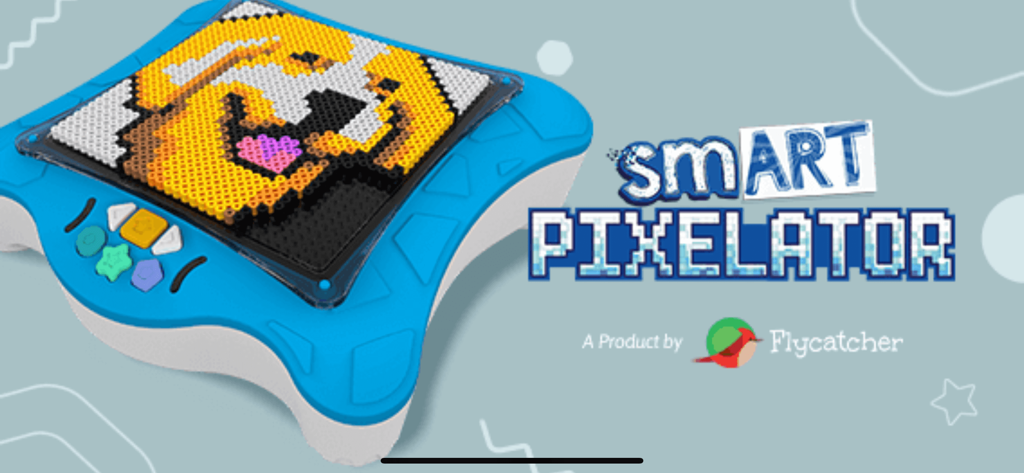 smART pixelator hardware device showing a pixelated dog design made of beads