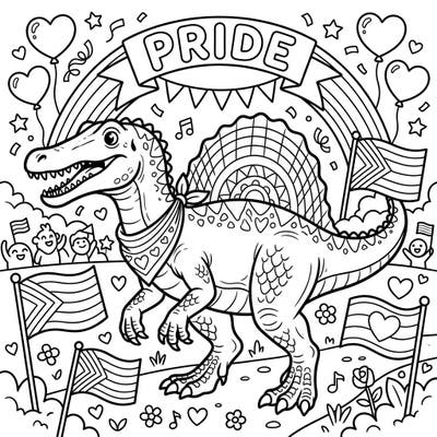 Join a friendly Spinosaurus as it celebrates Pride Month in a vibrant, inclusive parade scene. This engaging coloring page is perfect for kids to express creativity and learn about diversity.