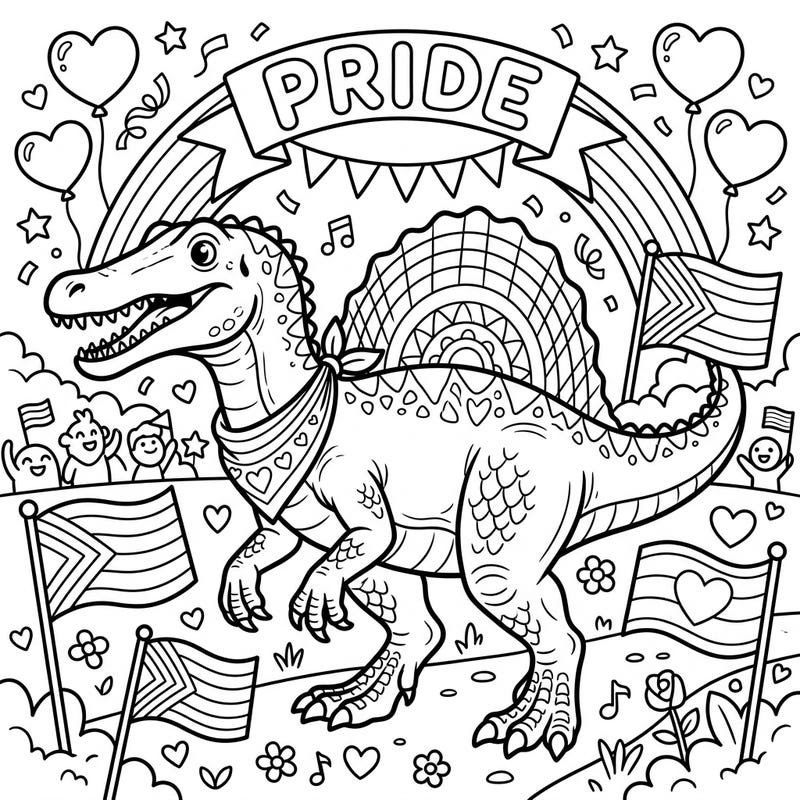 Join a friendly Spinosaurus as it celebrates Pride Month in a vibrant, inclusive parade scene. This engaging coloring page is perfect for kids to express creativity and learn about diversity.