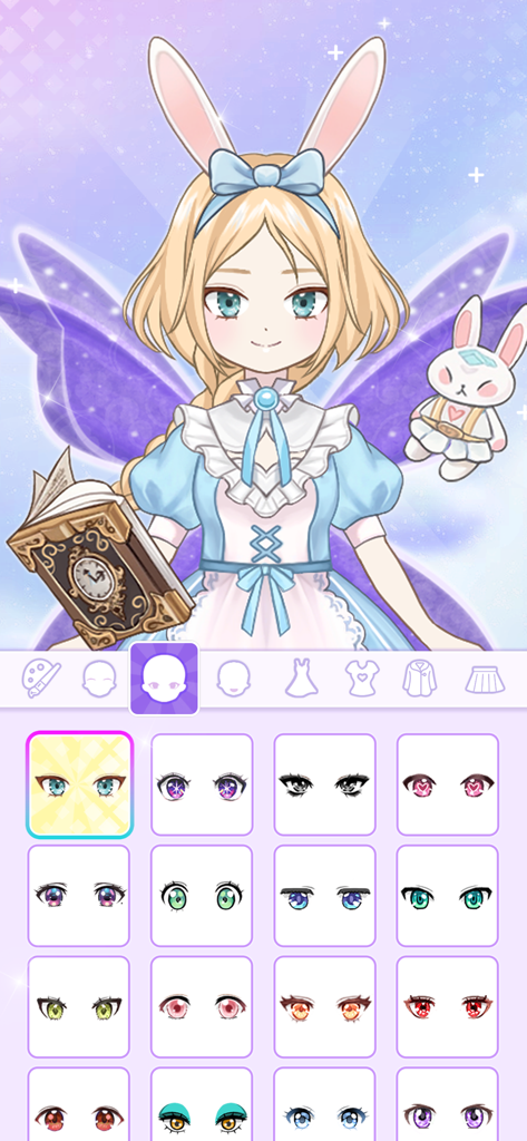Anime Dress Up - Doll Dress Up - Anime character customization menu for choosing different eye styles and colors in a dress up game.