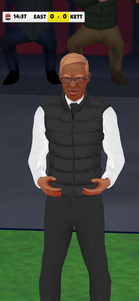 3D animated soccer manager character standing on the sideline during a match highlight