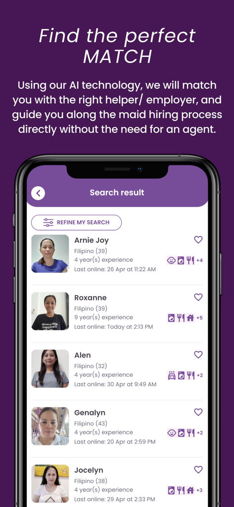 Mobile app screen showing search results for domestic helpers with profile photos and experience details