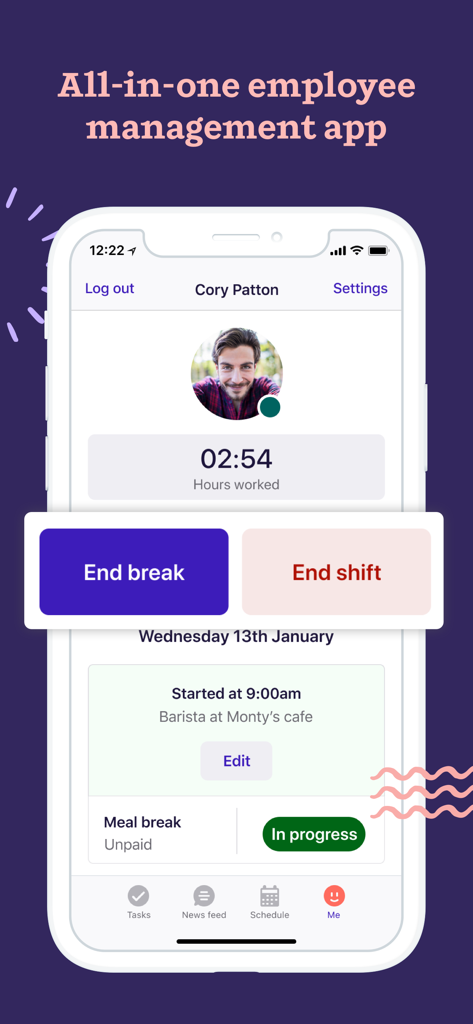 Interface of the Deputy Kiosk app showing employee shift details and hours worked
