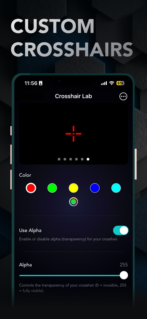 Crosshair Lab for FPS Aim - Interfaz de la aplicación móvil Crosshair Lab mostrando herramientas de personalización para el color y la transparencia de una mira roja