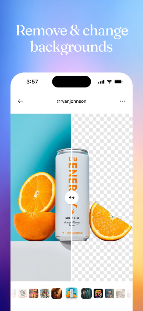 Una pantalla dividida dentro de la aplicación Ideogram AI que muestra una imagen de producto de una bebida energética y naranjas antes y después de eliminar el fondo.