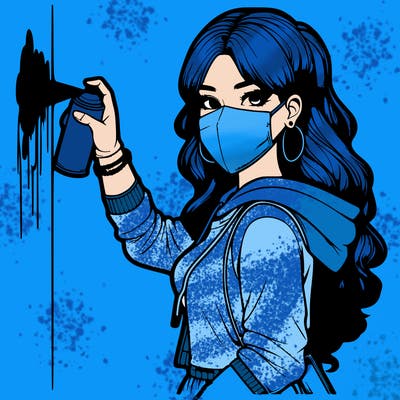 realistic girl with mask spray painting a wall