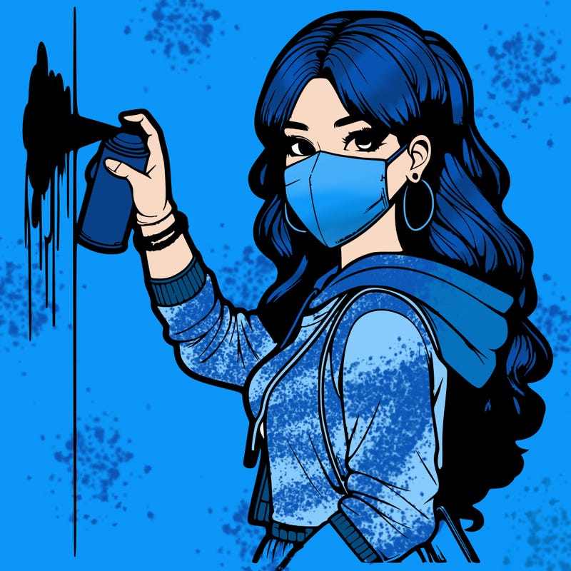 realistic girl with mask spray painting a wall