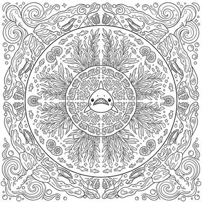 Unleash your creativity with this intricate Megalodon Habitat Mandala coloring page, featuring a charming prehistoric shark amidst ancient marine wonders. Perfect for ocean lovers, this design invites you to explore deep-sea mysteries through symmetrical patterns.