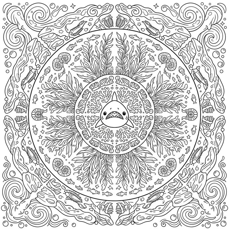 Unleash your creativity with this intricate Megalodon Habitat Mandala coloring page, featuring a charming prehistoric shark amidst ancient marine wonders. Perfect for ocean lovers, this design invites you to explore deep-sea mysteries through symmetrical patterns.