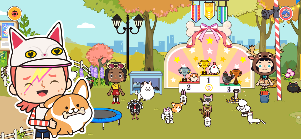 Miga Town: My Pets - Personagens de desenho animado e animais interagindo em um local de treinamento ao ar livre com um pódio de competição em Miga Town My Pets