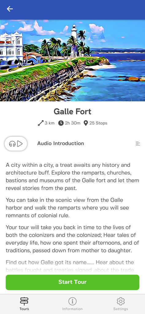 Balamu - Interfaz de la aplicación Balamu que muestra detalles de un tour de audio autoguiado por Galle Fort en Sri Lanka.
