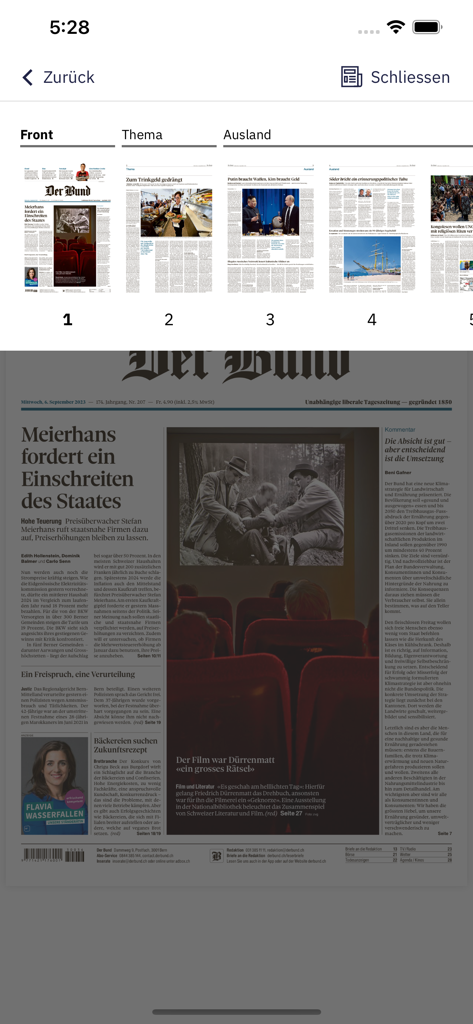Interface of Der Bund E-Paper app showing the digital front page and page thumbnails