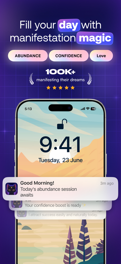 Un écran de verrouillage d'iPhone affichant des notifications quotidiennes de manifestation de l'application Vix pour des sessions d'abondance et de confiance