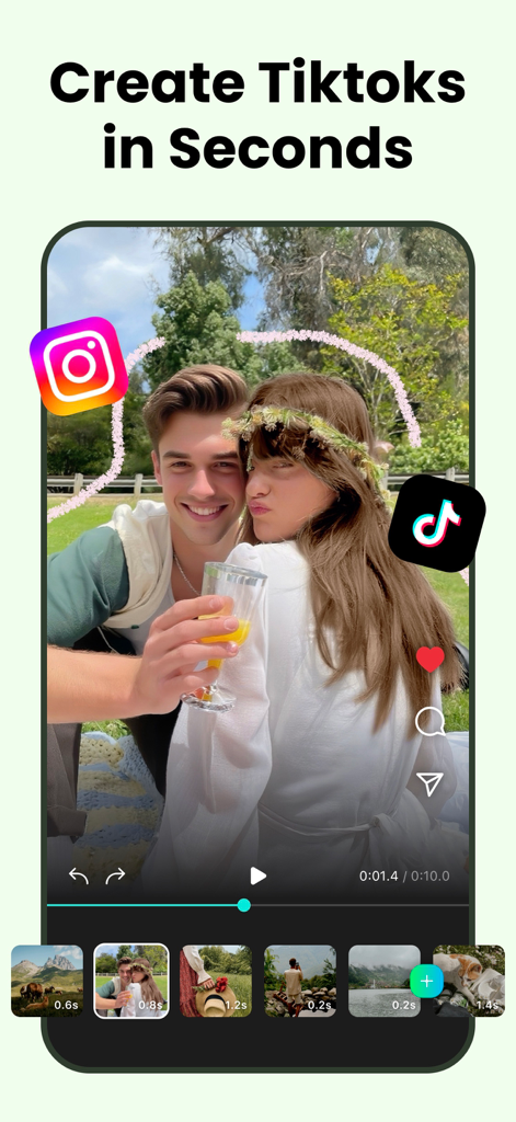 Reels Editor, AI Video: inMelo - Mobile app interface of inMelo showing a video of a couple being edited for TikTok and Instagram