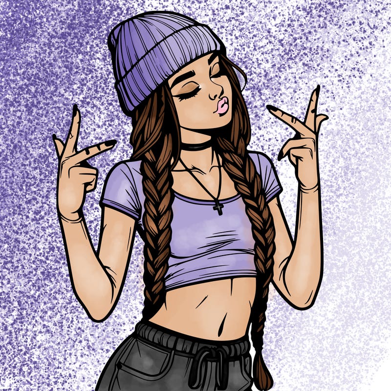realistic teenage girl with braids and a beanie and crop top doing 🫶🏼