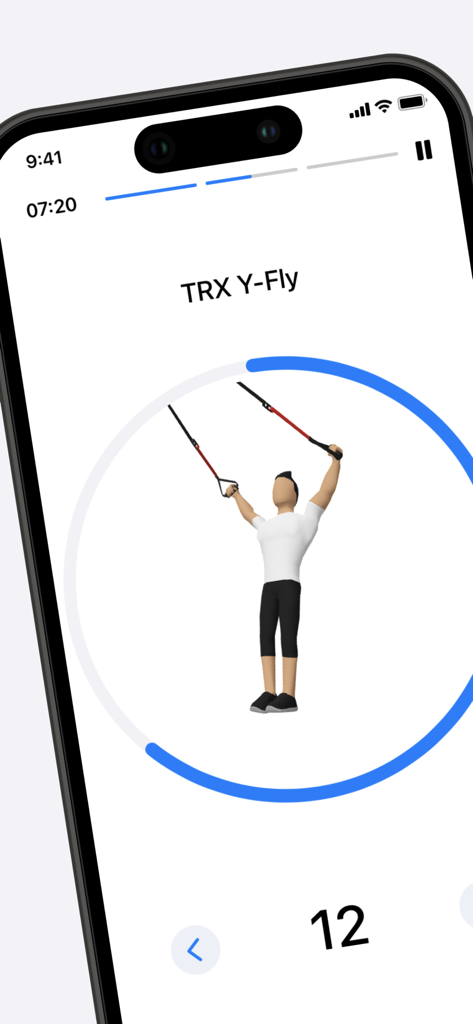 Calisthenics Coachy - Un avatar 3D démontrant un exercice de TRX Y-Fly sur l'écran d'entraînement de l'application Calisthenics Coachy.