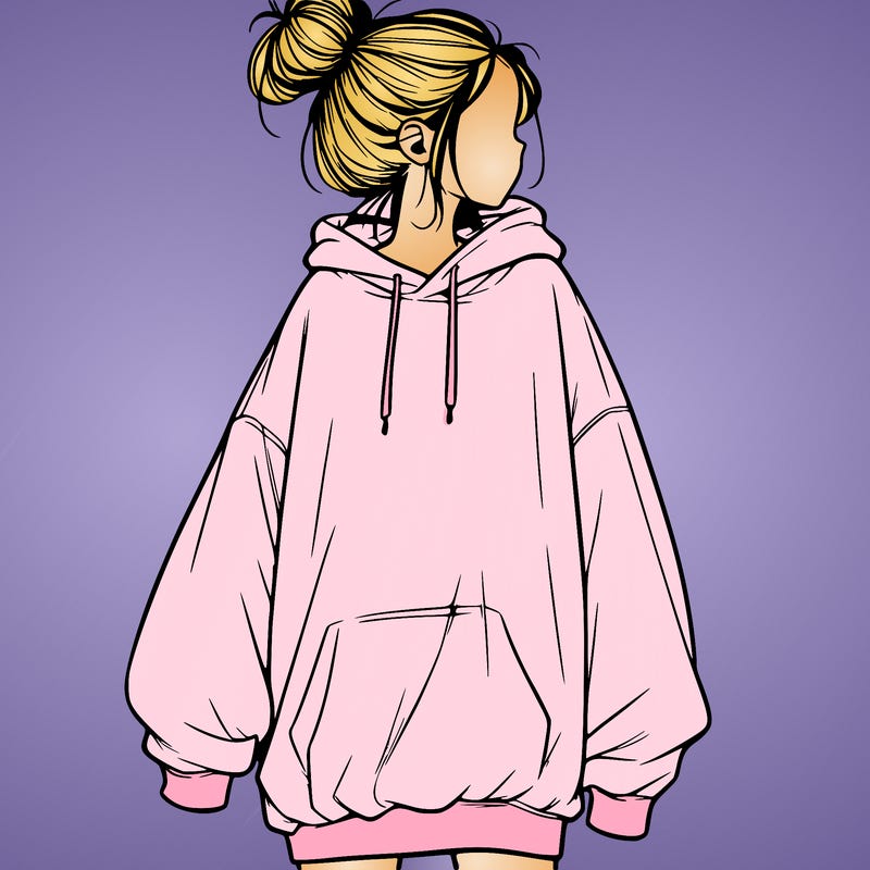 realistic girl with a oversized sweatshirt on and a bun