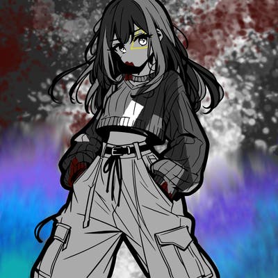 anime teen girl with baggy pants and crop top with sweater