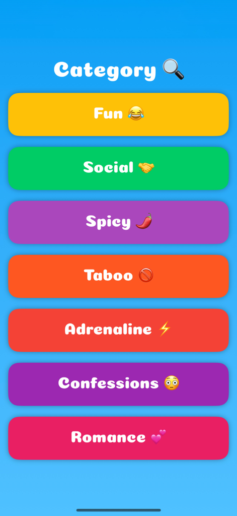 Pantalla de selección que muestra siete categorías de juegos para la aplicación Truth or Dare Dirty Party