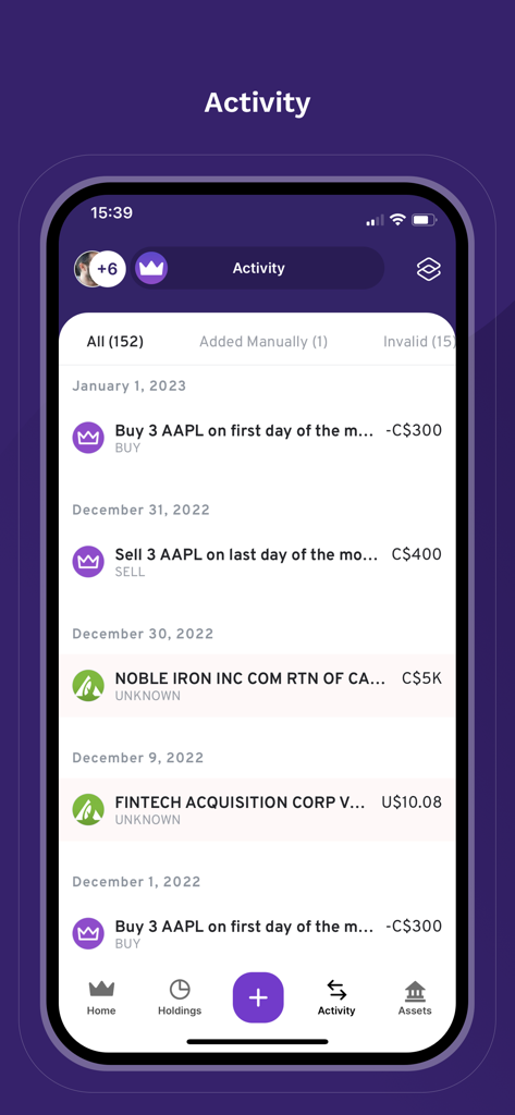 Wealthica - Tela do app Wealthica mostrando uma lista detalhada de transações de investimento e negociações de ações