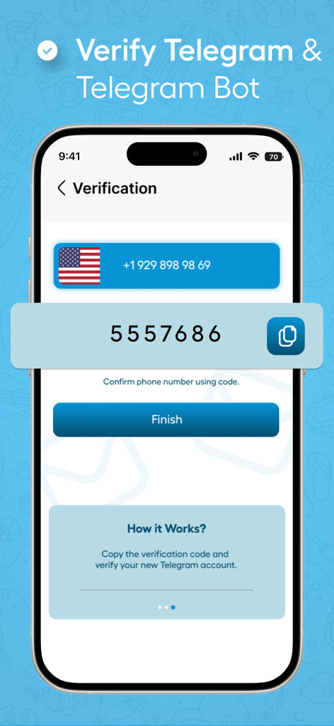 Teleg Sim Virtual Telegram Num - Telegram verification screen showing a virtual US phone number and verification code