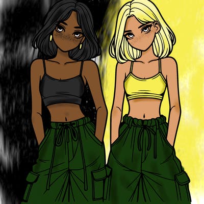 two girls with crop top with baggy pants