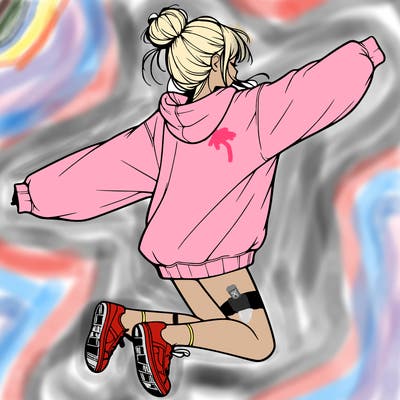 realistic girl jumping with a bun and oversized sweatshirt