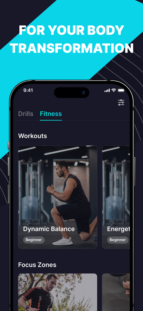 App-Bildschirm zeigt Fitness-Workouts und Körpertransformationspläne zum Schwimmen