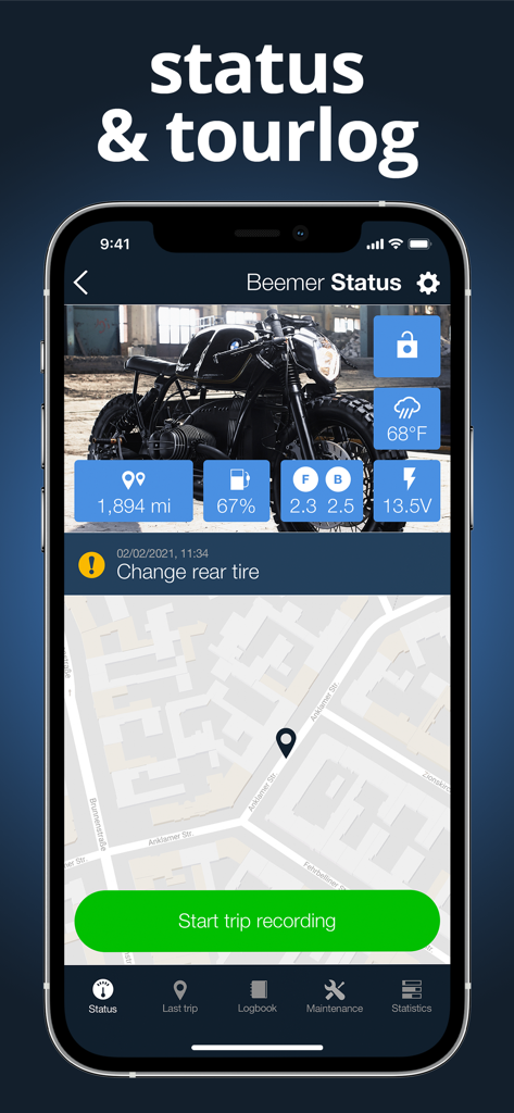 mo.ride - The motorcycle app. - Interface of the mo.ride app showing motorcycle vehicle status and a GPS map for trip recording.