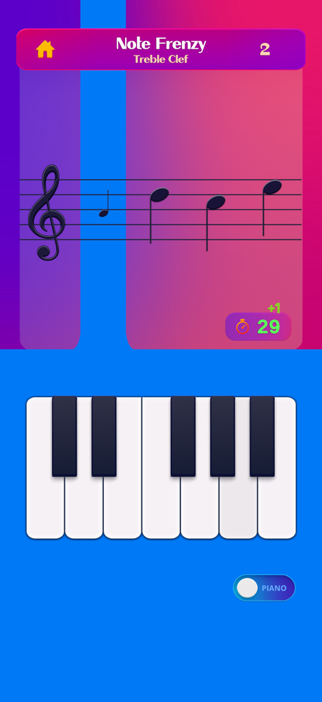 Note Trainer - Note Trainer app interface showing Note Frenzy mode with treble clef musical notation and a virtual piano keyboard.