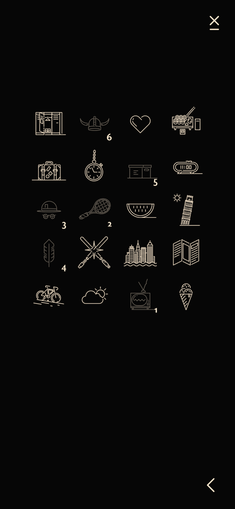 A grid of minimalist gold line icons on a black background for brain training