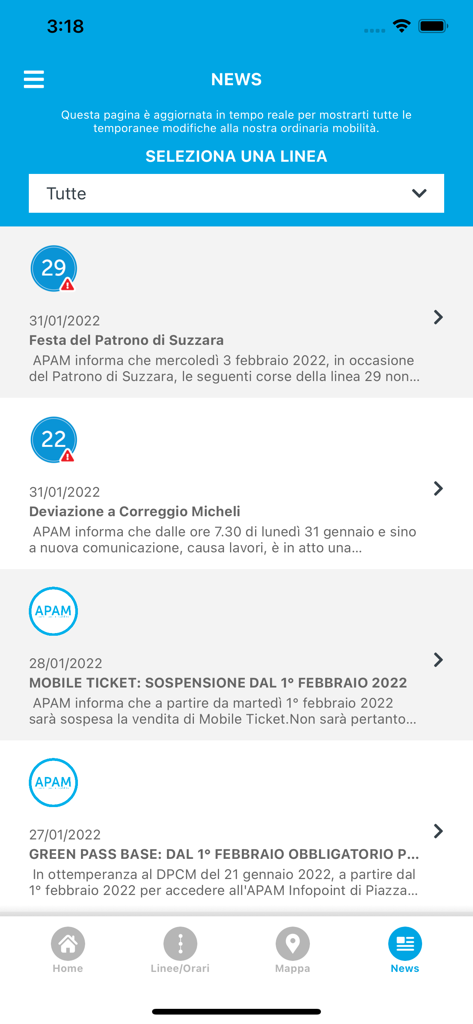 APAM mobile+ - Screenshot della sezione notizie dell'app APAM mobile che mostra avvisi sui trasporti in tempo reale e aggiornamenti sui servizi per Mantova